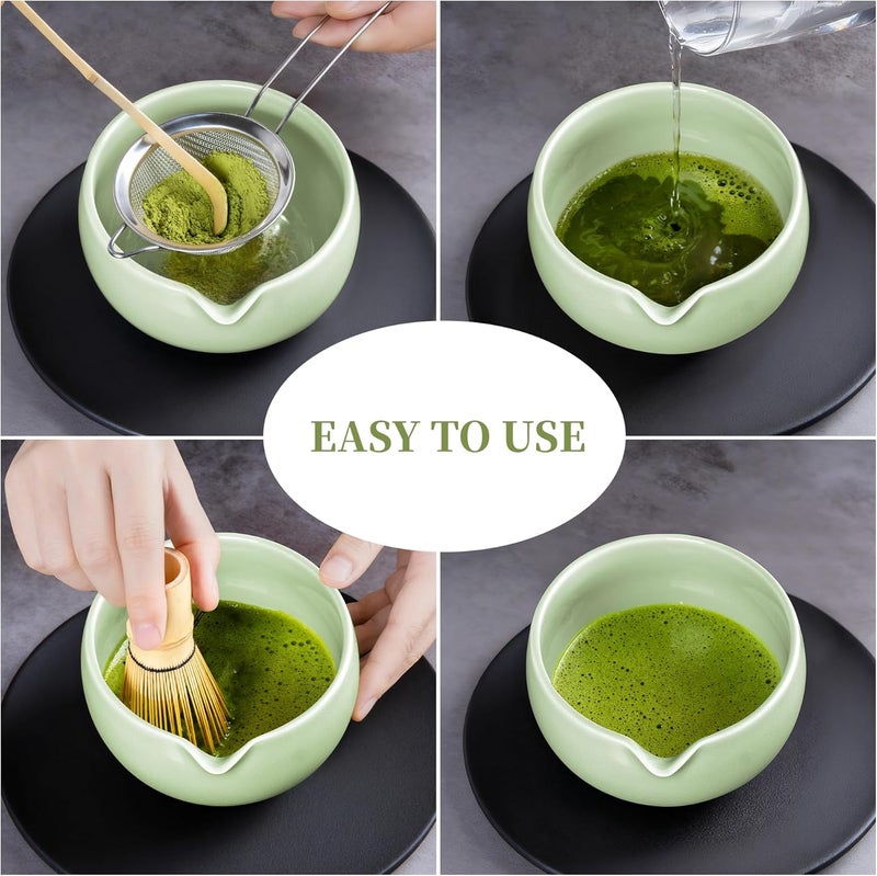 YIBO Matcha Whisk Set, Matcha Kit Bamboo Whisk and Ceramic Bowl with Spout & Measuring Spoon & Cup, Japanese Ceremony Matcha Tea Making Tools Green - Image 3